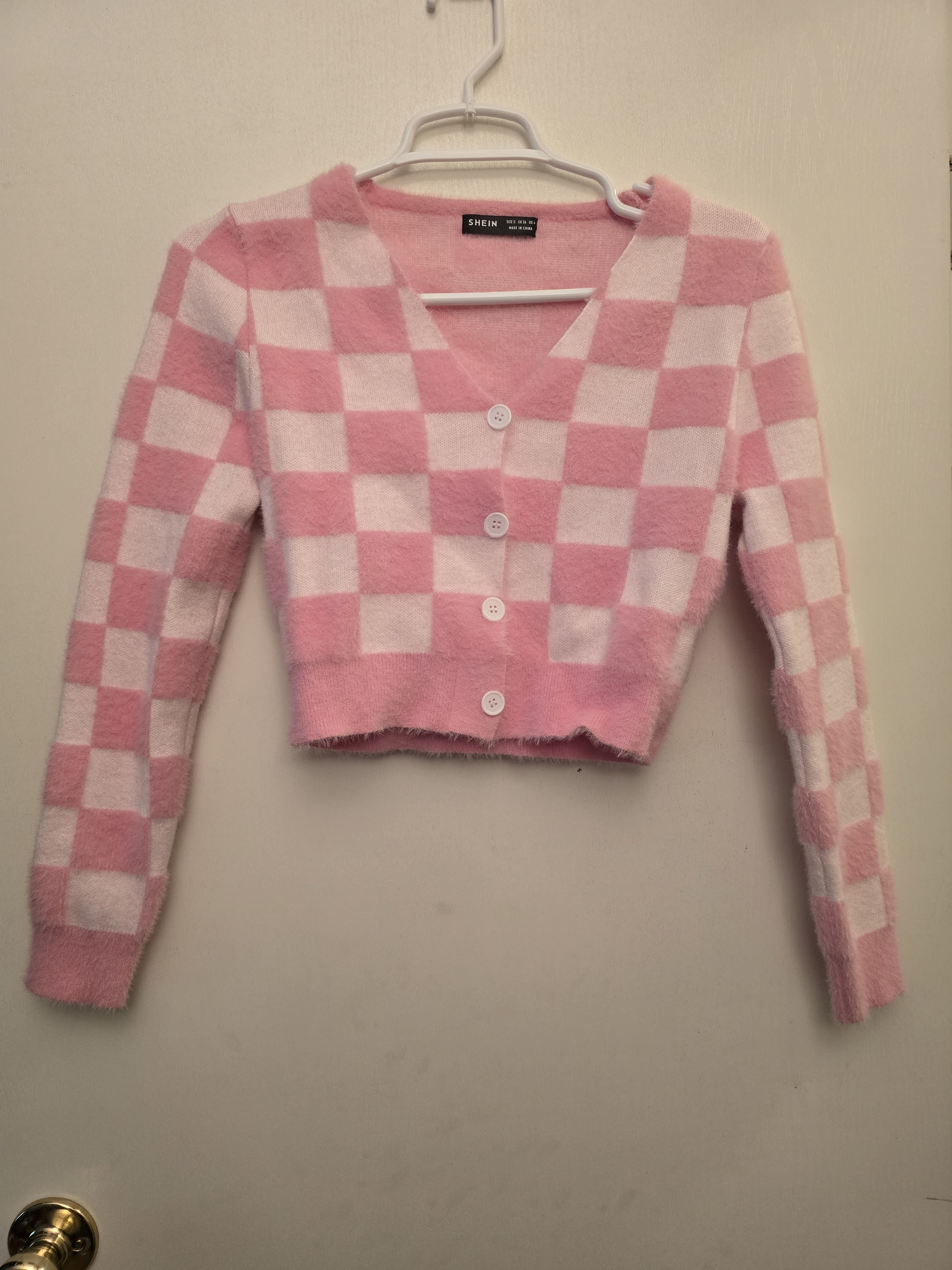 Shein Pink & White Checker Knit Cardigan Sweater